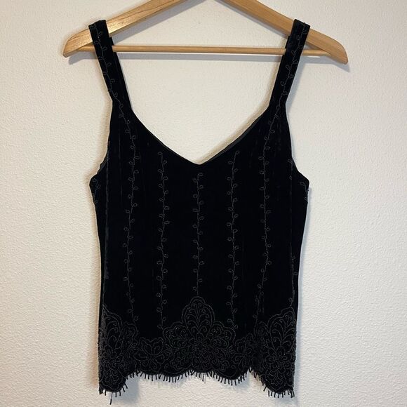 Lafayette 148 Black Velvet Beaded Fringe Tank Top Size 6 - Picture 1 of 13
